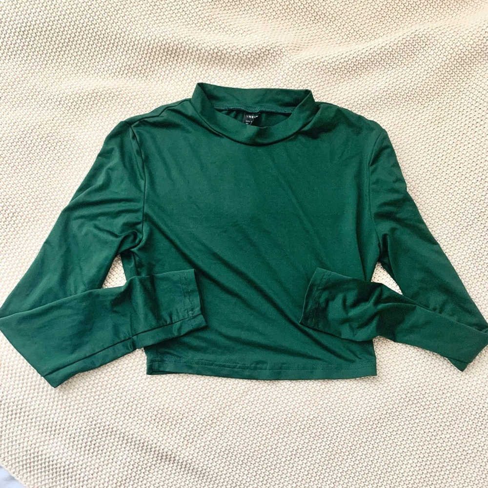 Dark Green Turtle Neck Crop Top Shirt